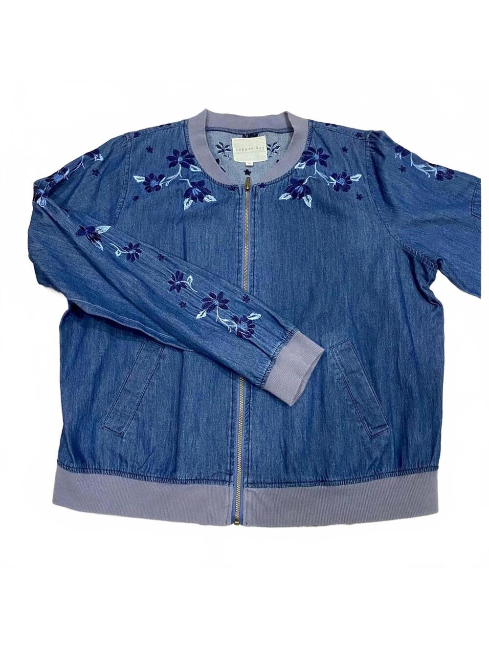 NWOT Copper Key Chambray Floral Embroidered Zip Up Bomber Jacket- Size Large